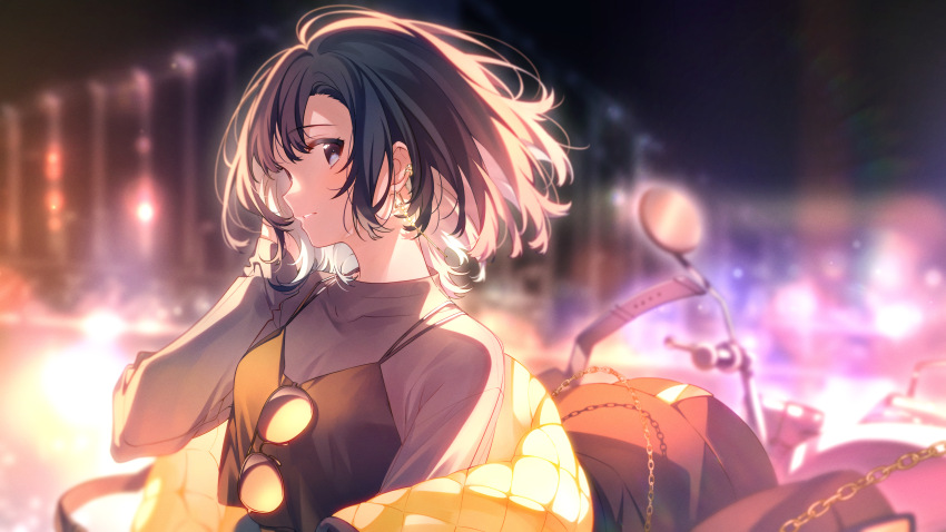 1girl absurdres blurry blurry_background bob_cut brown_eyes brown_hair camisole city_lights earrings floating_hair hand_in_own_hair highres jacket jewelry long_sleeves motor_vehicle motorcycle night official_art open_clothes open_jacket parted_lips profile second-party_source sideways_glance solo standing sunglasses takagi_rin u35 upper_body utahime_dream