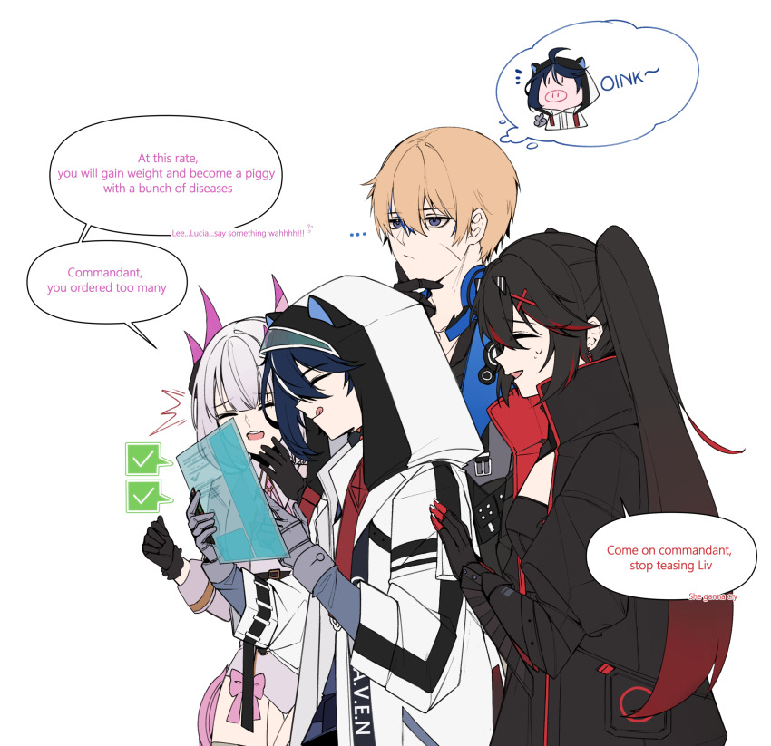 2boys 2girls absurdres commandant_(pgr) dochikun english_text highres image_sample lee:_entropy_(pgr) lee_(pgr) liv:_lux_(pgr) liv_(pgr) lucia:_plume_(pgr) lucia_(pgr) multiple_boys multiple_girls pig pig_snout pixiv_sample punishing:_gray_raven speech_bubble