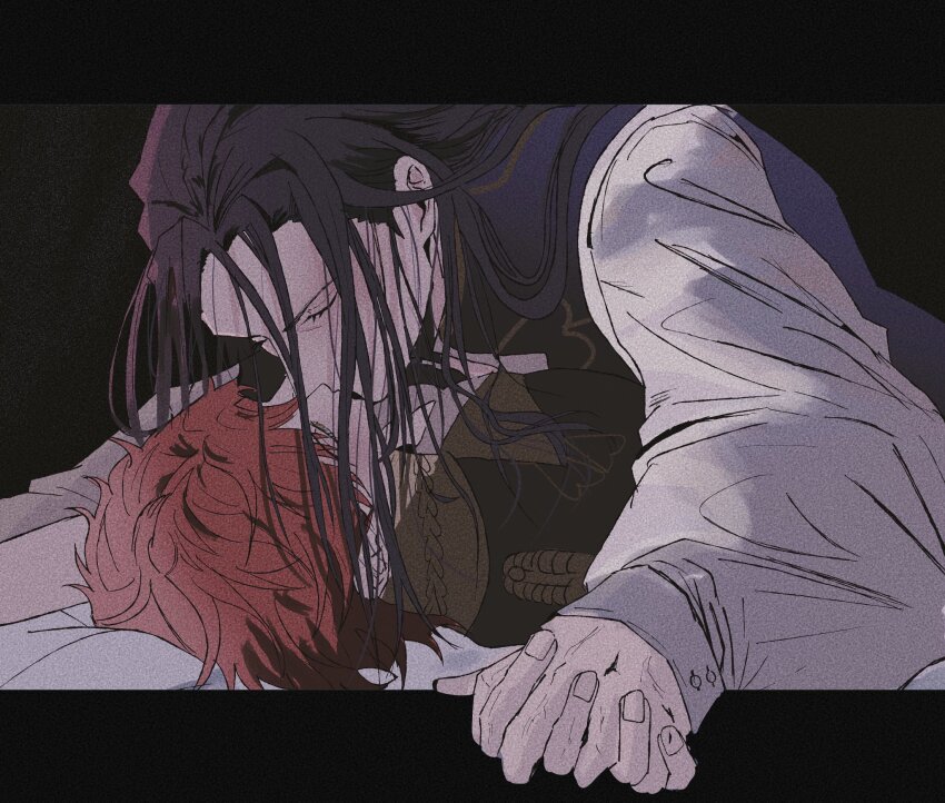 2boys black_hair closed_eyes felix_hugo_fraldarius fingernails fire_emblem fire_emblem:_three_houses garreg_mach_monastery_uniform hair_down highres interlocked_fingers jacket kiss lapels letterboxed long_hair lying lying_on_person male_focus multiple_boys nintendo notched_lapels on_back open_clothes open_jacket red_hair rendaaa_fe school_uniform sylvain_jose_gautier yaoi