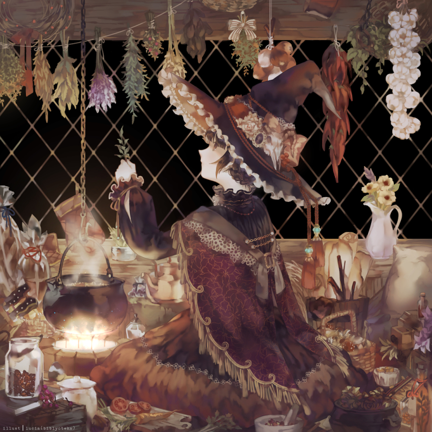 1girl basket black_hair cape carrot cauldron chain commentary cooking female_focus fire flower frills garlic hat herb herb_bundle jar kettle lucia_(biblyoteka) mortar_(bowl) original puffy_sleeves short_hair sitting solo steam tomato witch witch_hat