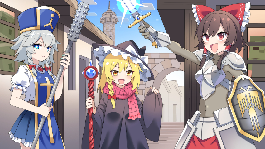 alternate_costume armor blonde_hair blue_eyes bow braid broom broom_riding commentary_request e.o. frilled_bow frilled_hair_tubes frills grey_hair hair_tubes hakurei_reimu hat highres izayoi_sakuya kirisame_marisa knight long_hair outdoors priestess red_eyes red_skirt road robe scarf short_hair single_braid skirt smile staff street sword touhou twin_braids weapon witch_hat wizard