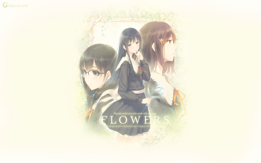 10s 2014 3girls biting biting_finger black_dress black_hair braid brown_hair copyright_name dress english_text flower flowers_(innocent_grey) glasses hair_flower hair_ornament hairclip hanabishi_rikka highres holding kousaka_mayuri lily_(flower) long_hair long_sleeves multiple_girls profile puffy_long_sleeves puffy_sleeves ribbon school_uniform shirahane_suou short_dress short_hair sugina_miki twin_braids