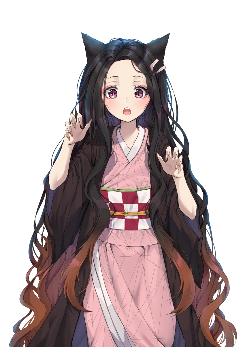 1girl absurdres animal_ears black_hair blush brown_hair checkered_sash claw_pose commentary female_focus fingernails forehead gradient_hair hair_ribbon hands_up highres japanese_clothes kamado_nezuko kemonomimi_mode kimetsu_no_yaiba kimono ku-ini long_fingernails long_hair multicolored_hair obi open_mouth parted_bangs pink_kimono pink_ribbon purple_eyes ribbon round_teeth sash sharp_fingernails short_sleeves simple_background slit_pupils solo teeth upper_teeth_only very_long_hair whiskers white_background wide_sleeves
