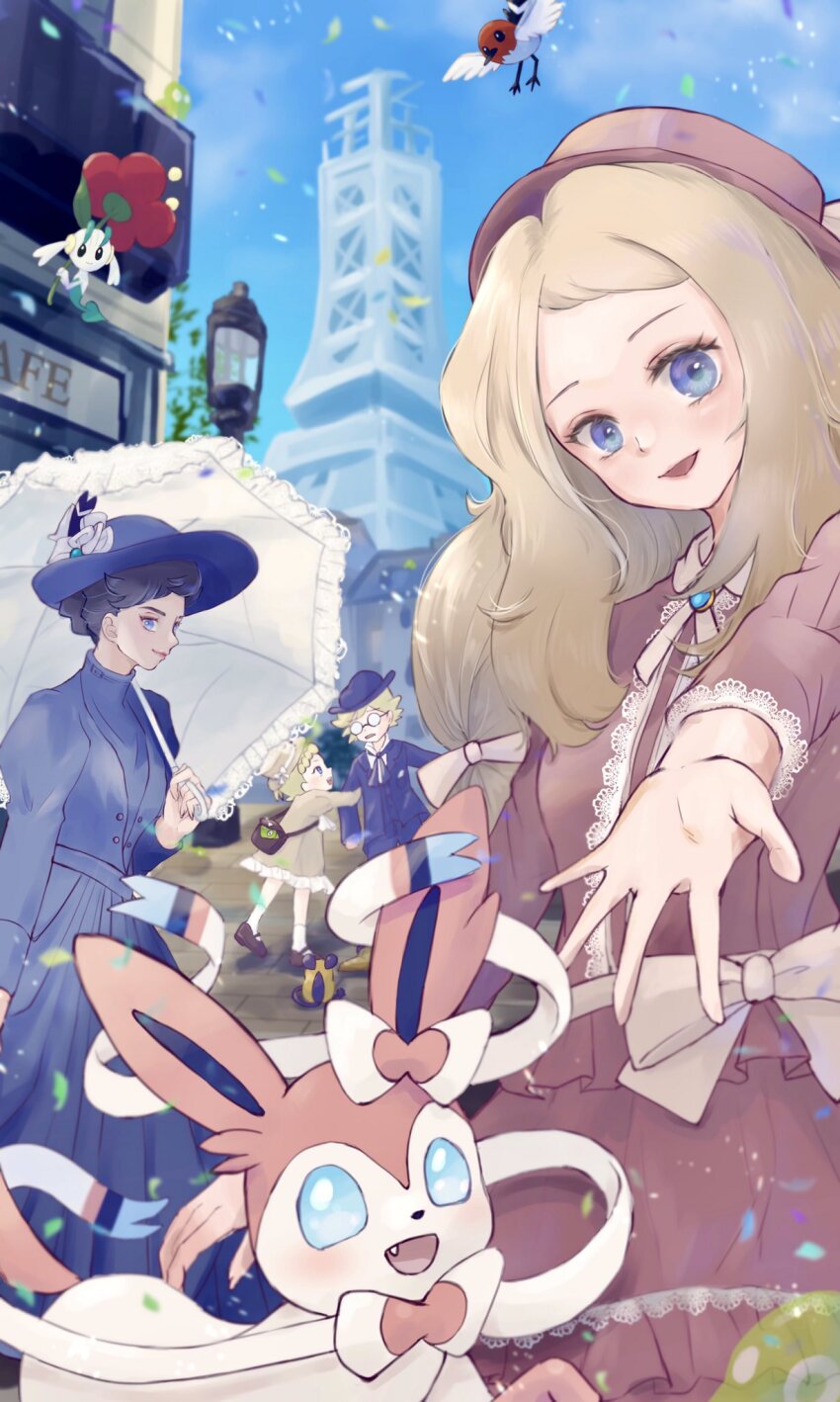 1boy 3girls bird blonde_hair blue_eyes blue_headwear bonnie_(pokemon) clemont_(pokemon) closed_mouth commentary_request dedenne demekin2333 diantha_(pokemon) eyelashes fletchling floette floette_(red_flower) gen_6_pokemon grey_hair hat highres holding holding_umbrella legendary_pokemon long_hair looking_at_viewer lumiose_city mouse_(animal) multiple_girls nintendo open_mouth outdoors pokemon pokemon_(creature) pokemon_xy red_headwear serena_(pokemon) short_hair smile sylveon tower umbrella white_fur zygarde zygarde_cell