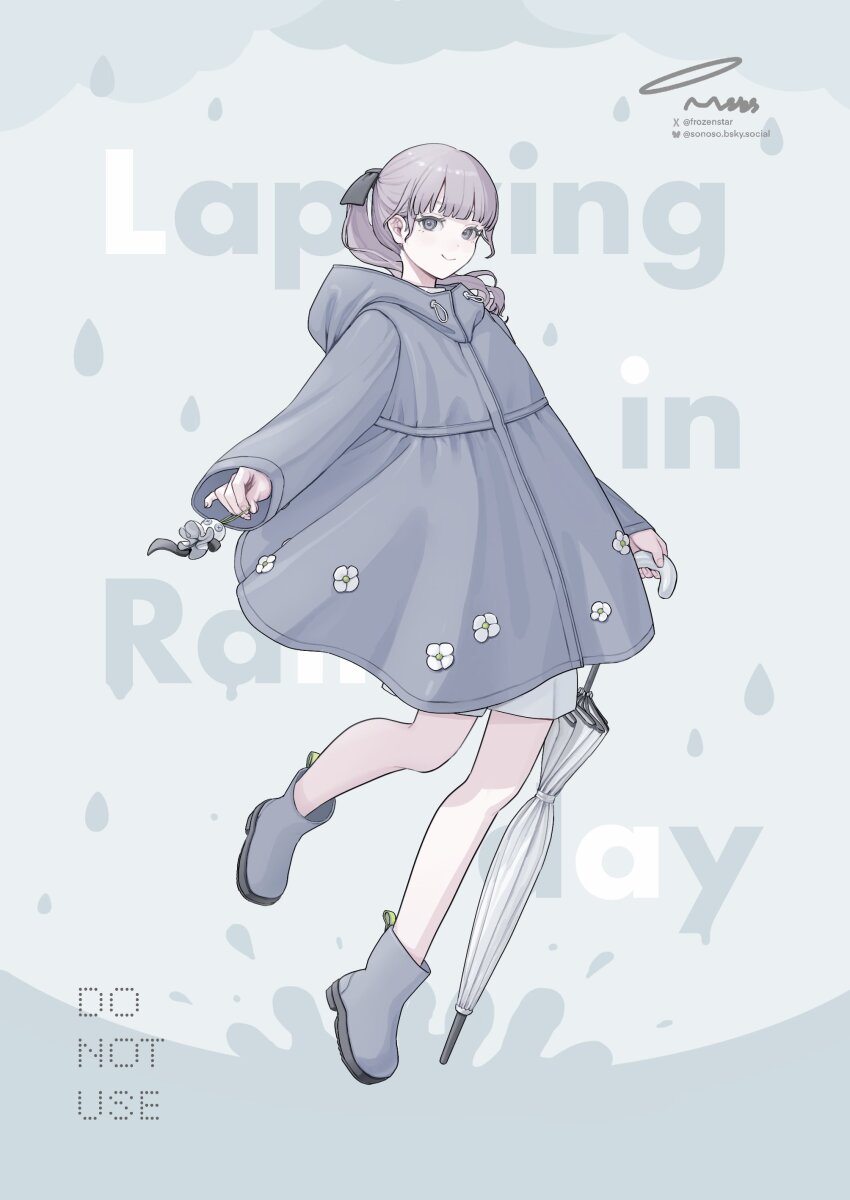 1girl absurdres black_ribbon blue_coat blue_shoes blunt_bangs boots character_name closed_mouth closed_umbrella coat english_text full_body grey_background grey_eyes grey_hair grey_nails grey_shoes hair_ribbon highres holding holding_umbrella hood hood_down hooded_coat hooded_jacket jacket lapwing_(vrchat) long_hair long_sleeves looking_at_viewer ponytail purple_hair raincoat ribbon rubber_boots shoes smile solo sorairo_no_sora teruterubouzu text_background umbrella vrchat water_drop white_umbrella