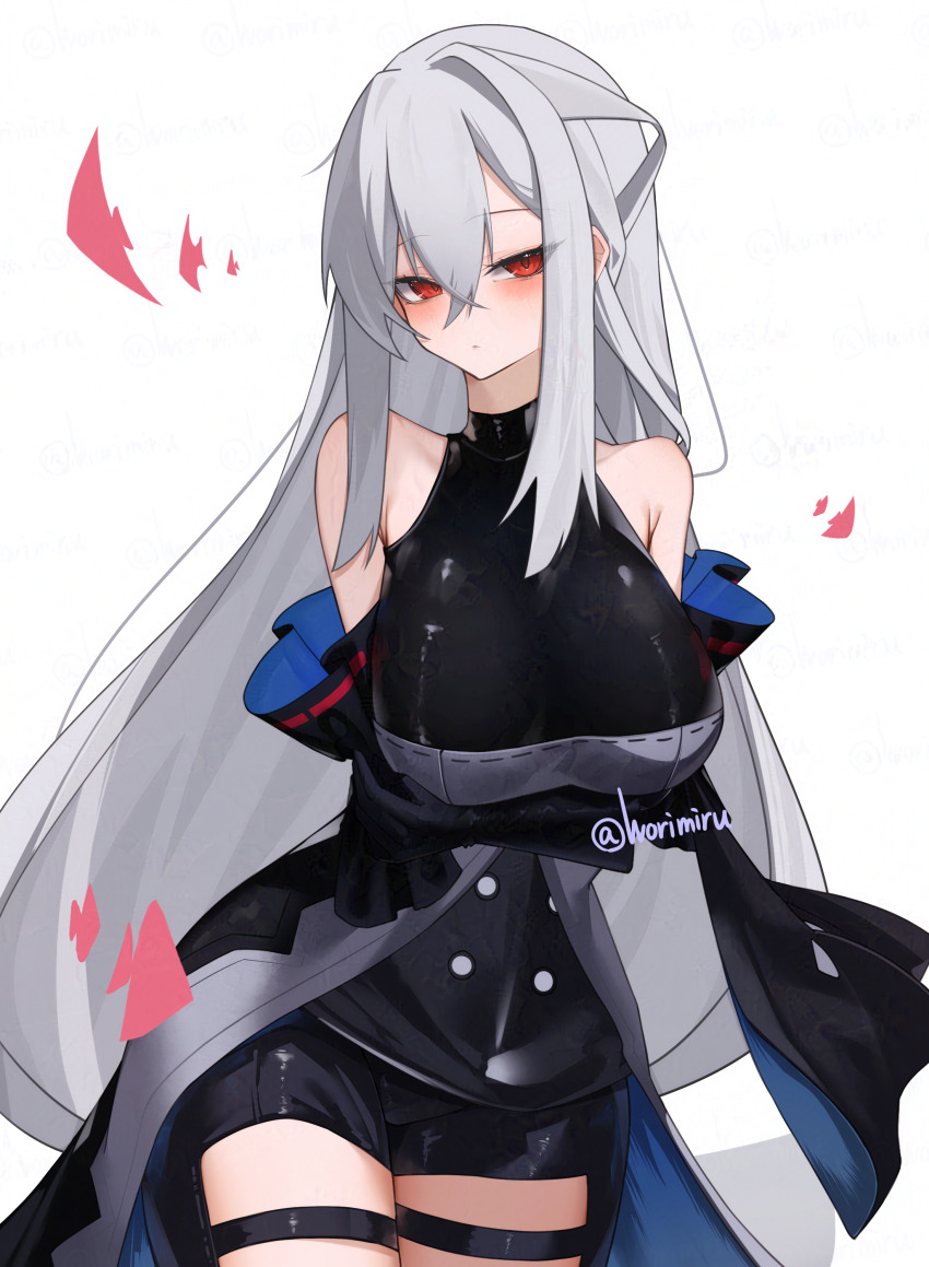 1girl absurdres arknights arms_under_breasts artist_name bare_shoulders black_gloves black_pants blush breasts buttons closed_mouth commentary_request cowboy_shot detached_sleeves double-breasted fish gloves grey_hair highres impossible_clothes large_breasts long_hair long_sleeves looking_at_viewer pants red_eyes sidelocks skadi_(arknights) solo thigh_strap twitter_username very_long_hair worimehl