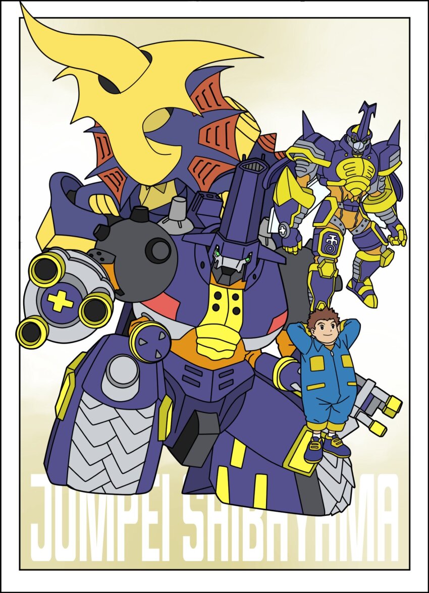 blitzmon bolgmon brown_hair cannon digimon digimon_(creature) digimon_frontier gatling_gun highres horns rhinokabuterimon shibayama_junpei smile solo