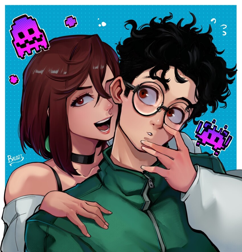 1boy 1girl ayase_momo black_choker black_hair bra_strap brown_eyes brown_hair choker dandadan earrings ghost glasses green_jacket highres jacket jewelry open_mouth round_eyewear short_hair space_invaders takakura_ken_(dandadan) track_jacket victorbalgitt