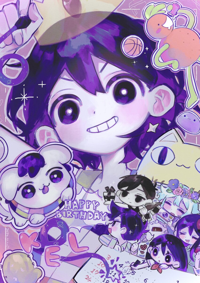 2girls 4boys animalization aubrey_(headspace)_(omori) aubrey_(omori) ball basil_(headspace)_(omori) basil_(omori) basketball_(object) big_yellow_cat_(omori) black_eyes black_hair black_tank_top blue_shirt blush bow box bright_pupils camera chibi closed_mouth colored_skin dog expressionless flower gift gift_box green_hair grin hair_bow happy_birthday head_wreath hero_(headspace)_(omori) hero_(omori) highres holding holding_camera holding_gift holding_knife holding_marker kel_(headspace)_(omori) kel_(omori) knife long_hair mari_(headspace)_(omori) mari_(omori) marker multiple_boys multiple_girls omori omori_(omori) open_mouth orange_joe_(omori) p0tatotat parted_lips pet_rock pink_bow purple_eyes purple_hair shirt short_hair short_sleeves smile sparkle t-shirt tank_top teeth tongue tongue_out white_pupils white_skin