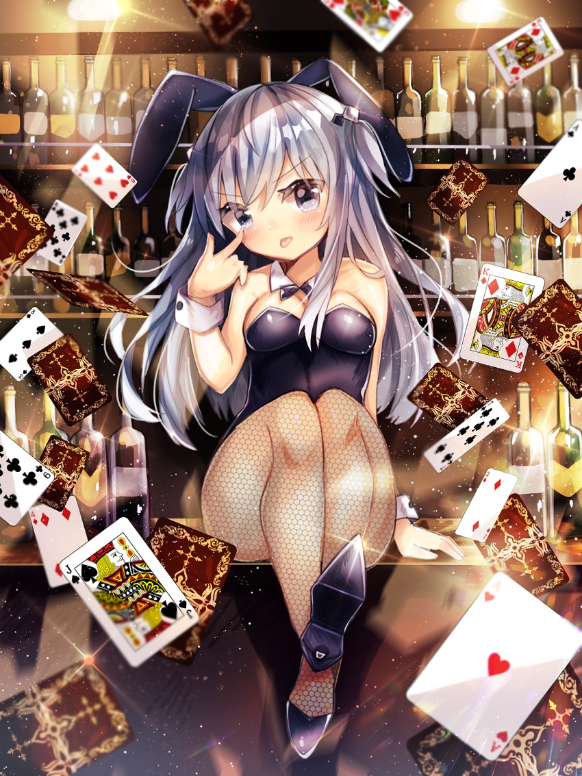 1girl ace_(playing_card) ace_of_clubs ace_of_hearts akanbe animal_ears bare_shoulders black_leotard black_shoes blush bottle breasts card club_(shape) collar commentary_request detached_collar diamond_(shape) eyelid_pull fake_animal_ears female_focus fingernails fishnet_pantyhose fishnets grey_hair hair_between_eyes hair_ornament hand_up head_tilt heart high_heels highres jack_(playing_card) jack_of_spades king_(playing_card) king_of_diamonds kohaku_muro leotard long_hair medium_breasts original pantyhose playboy_bunny playing_card queen_(playing_card) queen_of_hearts_(playing_card) rabbit_ears rabbit_girl shoe_soles shoes sitting solo spade_(shape) stiletto_heels strapless strapless_leotard tongue tongue_out two_side_up very_long_hair white_collar wrist_cuffs