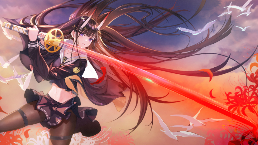 1girl azur_lane bird black_cardigan black_hair black_pantyhose black_serafuku black_skirt cardigan earrings flower hair_ornament highres holding holding_sword holding_weapon horns jewelry katana long_hair looking_at_viewer luoxin_(kndoffice903) midriff navel noshiro_(azur_lane) oni_horns open_cardigan open_clothes pantyhose purple_eyes sailor_collar school_uniform serafuku skirt spider_lily sword very_long_hair weapon white_flower white_sailor_collar white_spider_lily x_hair_ornament