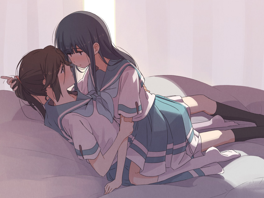 2girls bed_sheet black_socks blue_eyes blue_hair blue_sailor_collar blue_skirt blush brown_eyes brown_hair girl_on_top hibike!_euphonium highres holding_another&#039;s_arm kasaki_nozomi kitauji_high_school_uniform kneehighs light_rays liz_to_aoi_tori long_hair looking_at_another multiple_girls ponytail sailor_collar sawara65 school_uniform shirt skirt socks white_curtains white_shirt white_socks yoroizuka_mizore yuri