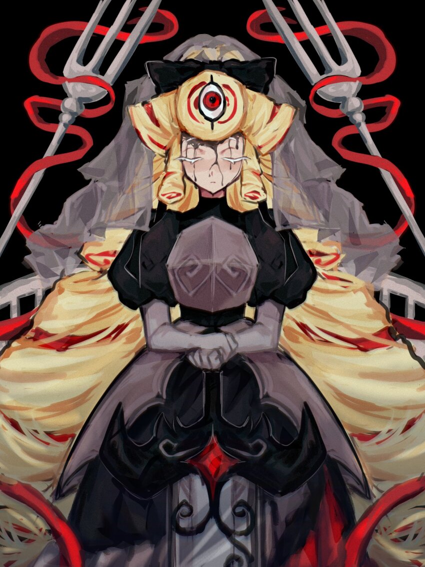 1girl alternate_color alternate_costume armor black_background black_bow black_dress blonde_hair bow closed_eyes colored_eyelashes cookie_run cookie_run:_kingdom cowboy_shot curly_hair dress extra_eyes flipped_bangs fork gem gloves grey_gloves grey_veil highres holding holding_sword holding_weapon humanization kouign-amann_cookie long_hair looking_at_viewer mokaink28 multicolored_hair puffy_short_sleeves puffy_sleeves red_eyes red_gemstone red_hair red_streaks see-through_clothes see-through_veil short_sleeves simple_background solo standing sword veil very_long_hair weapon
