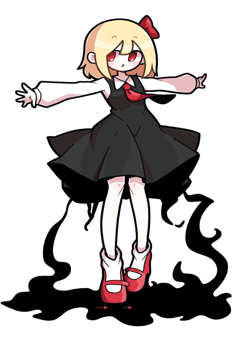 1girl baek_ban black_dress blonde_hair bobby_socks collared_shirt commentary dress flat_chest full_body hair_between_eyes hair_ribbon highres long_sleeves mary_janes medium_hair necktie open_mouth outstretched_arms red_eyes red_necktie red_ribbon red_shoes ribbon rumia shirt shoes simple_background socks solo spread_arms tachi-e touhou white_background white_shirt white_socks