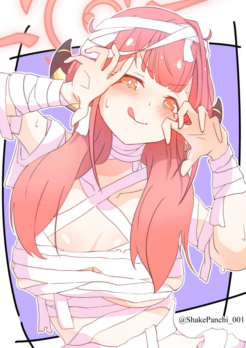 1girl aru_(blue_archive) blue_archive blush breasts demon_girl demon_horns gao halo highres horns large_breasts long_hair looking_at_viewer red_eyes red_hair shake_(shakepanchi_001) solo tongue tongue_out twitter_username upper_body