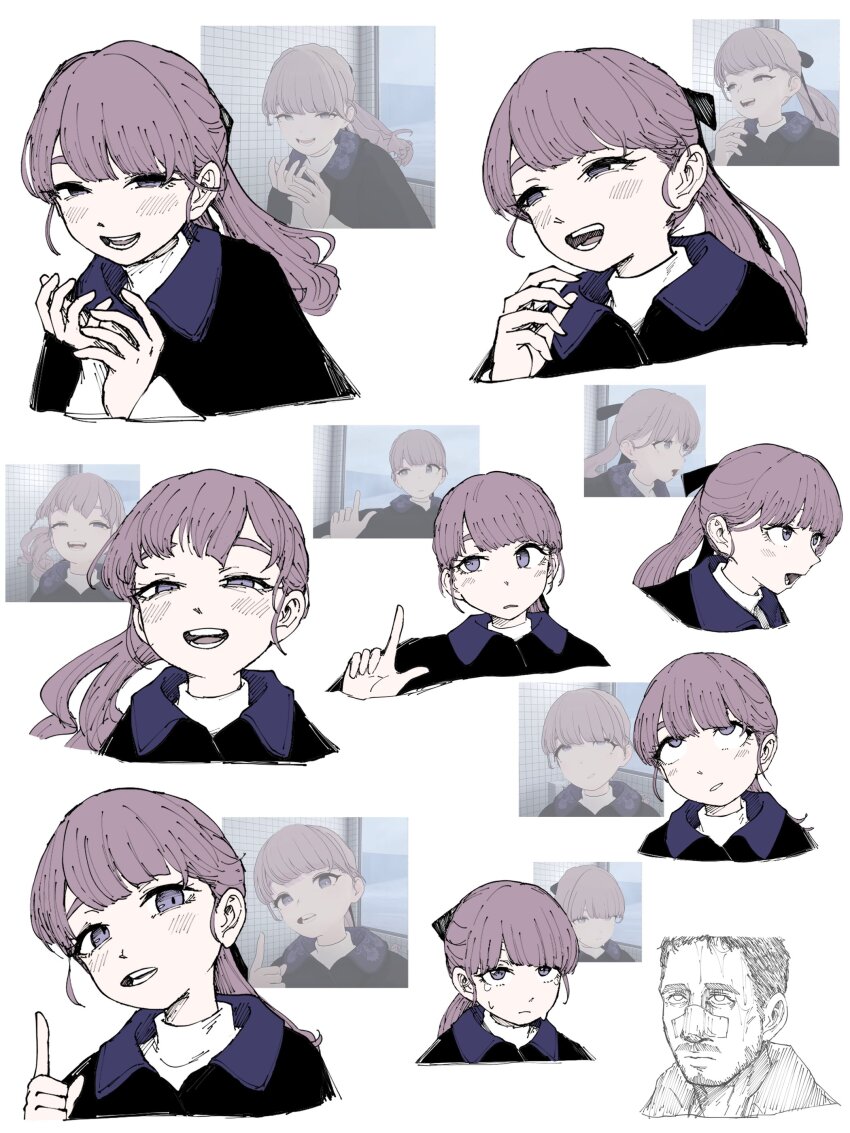 1boy 1girl absurdres bandage_on_nose batta_nj black_ribbon blade_runner_2049 blush brown_hair derivative_work goslingposting_(meme) hair_ribbon half-closed_eyes head_tilt highres index_finger_raised k_(blade_runner_2049) lapwing_(vrchat) laughing looking_at_viewer meme multiple_expressions multiple_views open_mouth pogchamp_(meme) ponytail purple_eyes reference_inset ribbon rolling_eyes ryan_gosling screenshot_inset screenshot_redraw tears teeth vrchat white_background you_look_lonely_(meme)