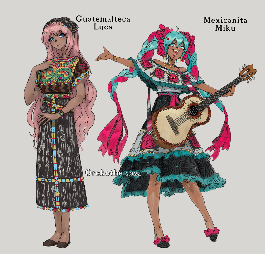 2girls ahoge aqua_eyes aqua_hair black_footwear braid closed_mouth dark-skinned_female dark_skin dress flower frilled_dress frills full_body grey_background guatemala_(country) guatemalan_dress guitar hair_flower hair_ornament hatsune_miku highres holding holding_guitar holding_instrument instrument jewelry latin_american_hatsune_miku_(meme) long_hair looking_at_viewer megurine_luka mexican_dress mexico multiple_girls necklace open_mouth orokothe pink_flower pink_hair shoes short_sleeves sidelocks simple_background smile twin_braids vocaloid worldwide_miku
