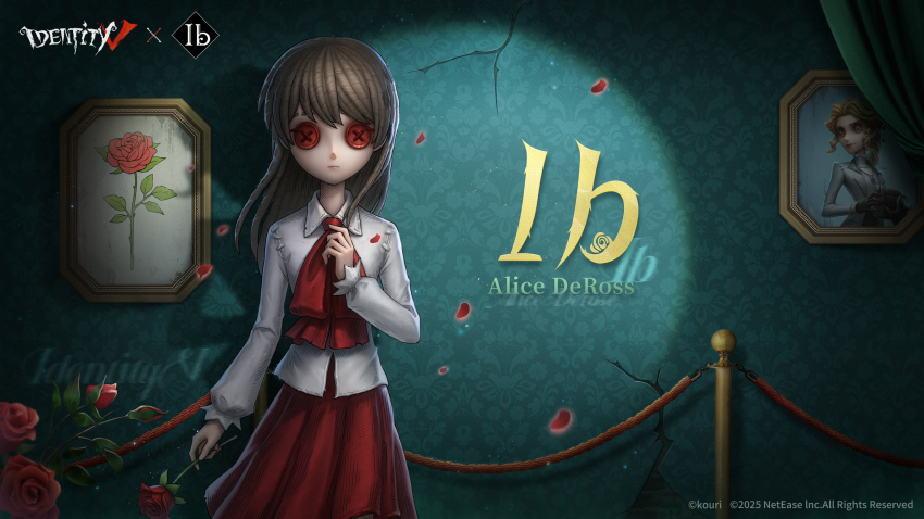 1girl alice_deross arm_at_side ascot brown_hair button_eyes buttons character_name closed_mouth collared_shirt commentary copyright_name copyright_notice crack cracked_wall curtains different_shadow english_commentary expressionless falling_petals flower hand_on_own_chest hand_up highres holding holding_flower ib_(ib) ib_(kouri) identity_v indoors light_particles logo long_hair long_sleeves looking_at_viewer official_art painting_(object) petals pleated_skirt red_ascot red_eyes red_flower red_rose red_skirt rose shirt skirt solo spotlight stanchion white_shirt wing_collar