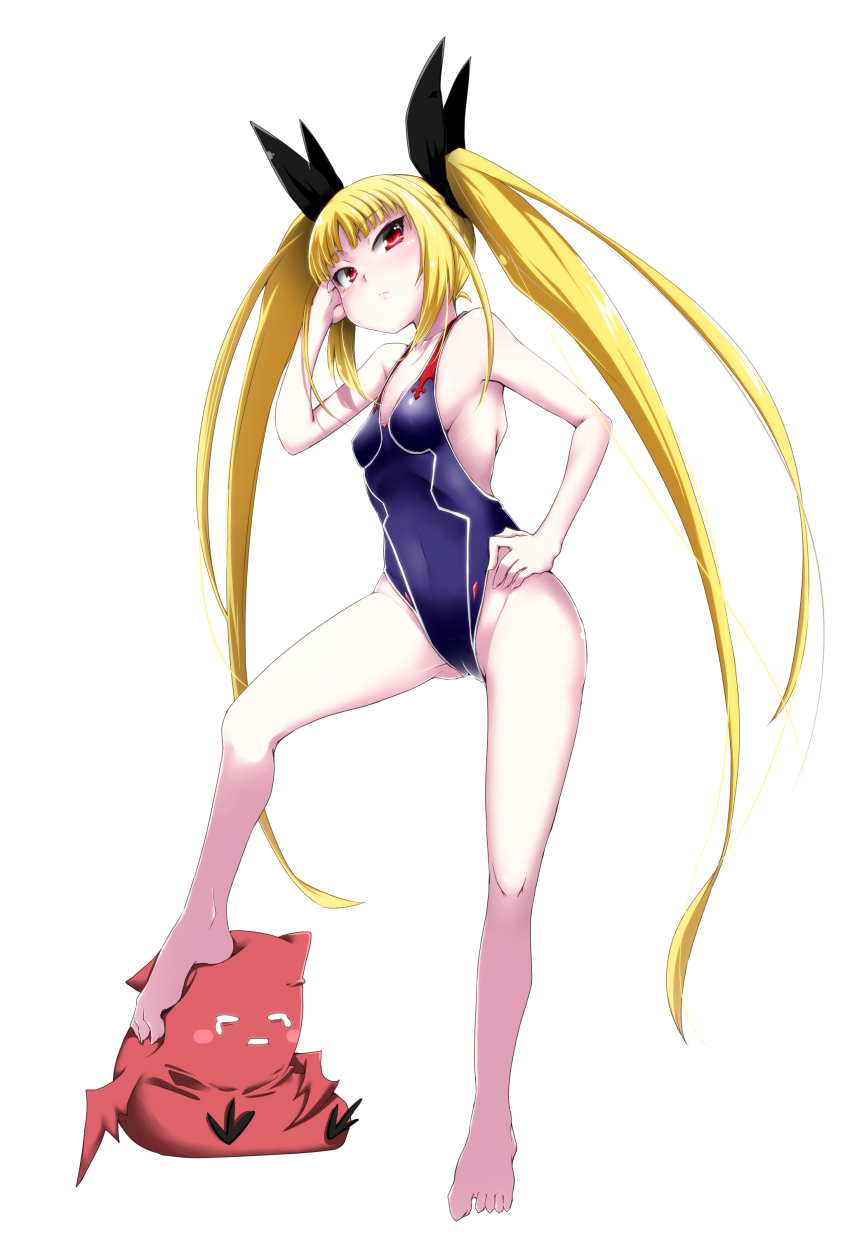 1girl absurdres barefoot blazblue blonde_hair breasts cameltoe feet female_focus foot_on_head gii highres kaname_nagi long_hair one-piece_swimsuit rachel_alucard red_eyes ribbon slit_pupils small_breasts solo swimsuit toes twintails very_long_hair