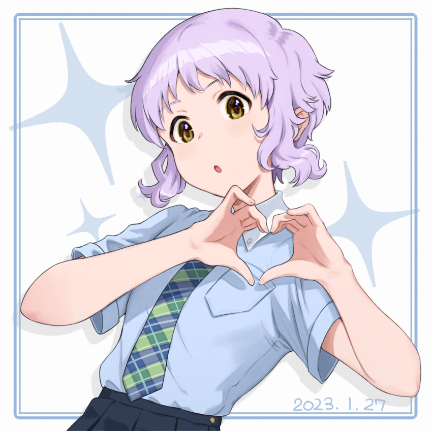 1girl :o blue_shirt blue_skirt breast_pocket checkered_necktie dated green_necktie hands_up heart heart_hands highres idolmaster idolmaster_million_live! looking_at_viewer makabe_mizuki mogukichi_aka necktie open_mouth pleated_skirt pocket purple_hair shirt short_hair short_sleeves sidelocks skirt solo sparkle_background upper_body wavy_hair white_background wing_collar yellow_eyes