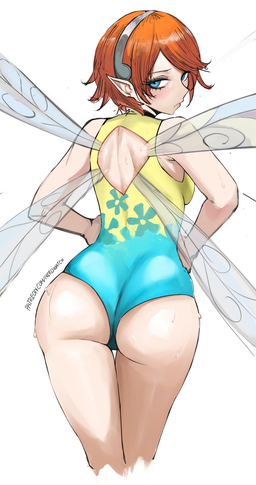 1girl absurdres ass backless_outfit blue_eyes fairy fairy_wings floral_print gallica_(metaphor:_refantazio) hairband highres leotard looking_at_viewer looking_back metal_hairband metaphor:_refantazio multicolored_leotard nero_watch orange_hair patreon_username pointy_ears short_hair silver_hairband sweat wings yellow_leotard
