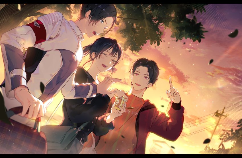 1girl 2boys after_battle aqua_eyes armband autumn bag black_shirt blouse breasts brother_and_sister brothers can celebration commentary_request doran_(doran7280) drink_can dutch_angle evening family fenix_uniform grey_pants handbag happy happy_spa highres igarashi_daiji igarashi_ikki igarashi_sakura jacket kamen_rider kamen_rider_revice leaf letterboxed military military_uniform multiple_boys orange_shirt pants ponytail red_jacket satchel shirt short_hair siblings smile soda soda_can sunlight sunset tree utility_pole