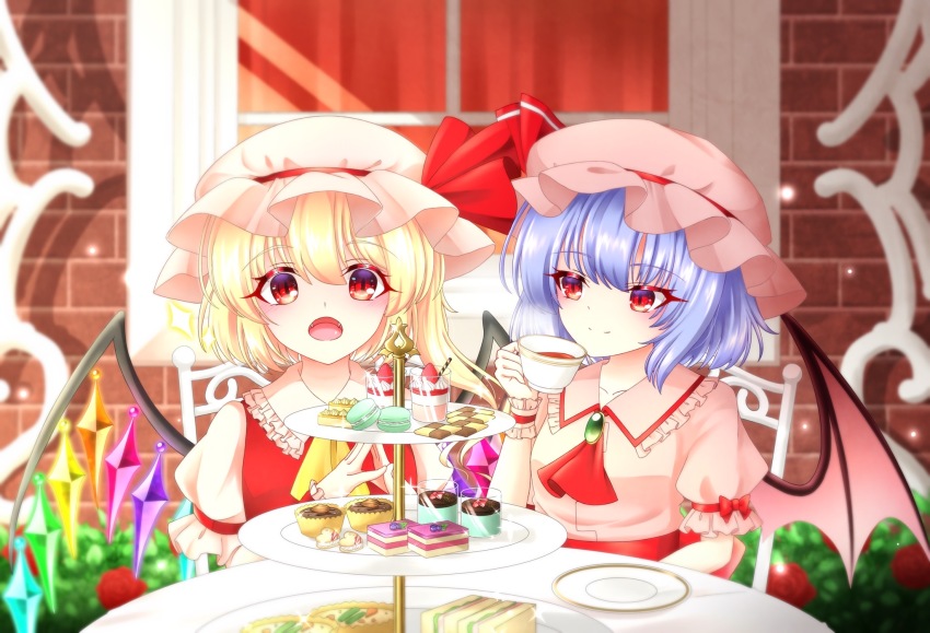 2girls ascot bat_wings blonde_hair blouse blue_hair blurry blurry_background brick_wall brooch cake cake_slice chair checkerboard_cookie commentary_request cookie cup cupcake curtains day fangs flandre_scarlet food frilled_shirt_collar frills hair_between_eyes hat hat_ribbon highres holding holding_cup jewelry light_particles looking_at_another looking_at_viewer macaron mob_cap multiple_girls one_side_up open_mouth outdoors parfait partial_commentary pink_headwear pink_shirt puffy_short_sleeves puffy_sleeves quiche red_eyes red_vest remilia_scarlet ribbon rina_sukareltuto sandwich sash saucer shirt short_hair short_sleeves siblings sisters sitting smile steepled_fingers table teacup tiered_tray touhou vest white_headwear white_shirt window wings yellow_ascot