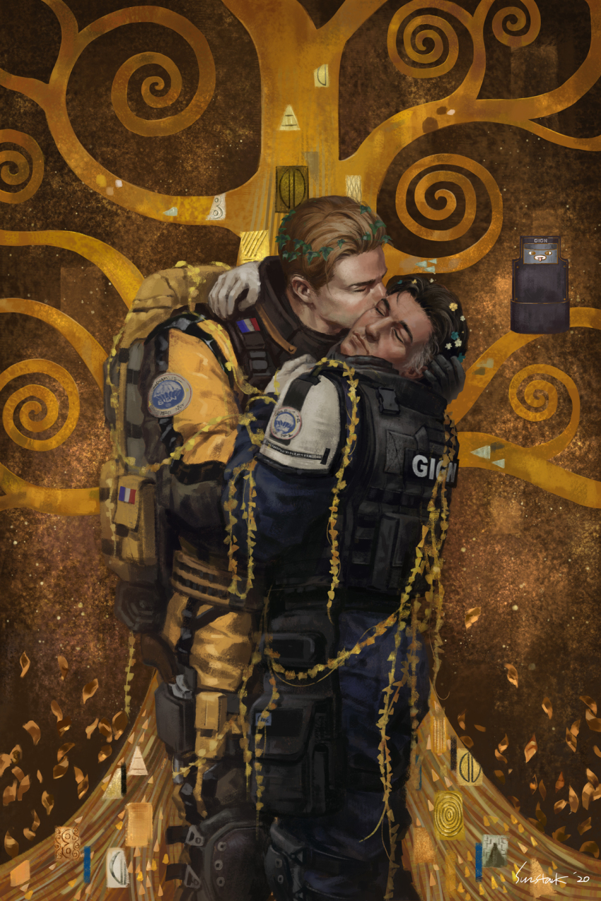 2boys arm_around_neck backpack bag black_hair black_vest blue_pants bulletproof_vest closed_eyes closed_mouth commentary dark-skinned_male dark_skin derivative_work doc_(rainbow_six_siege) english_commentary french_flag gign grey_hair gun hair_ornament hand_on_another&#039;s_head highres holstered jumpsuit kiss kissing_forehead knee_pads leaf leaf_hair_ornament lion_(rainbow_six_siege) long_sleeves male_focus military_combat_uniform military_uniform multicolored_hair multiple_boys pants pouch rainbow_six_siege standing streaked_hair sun_stark the_kiss thigh_pouch vest weapon yaoi yellow_jumpsuit