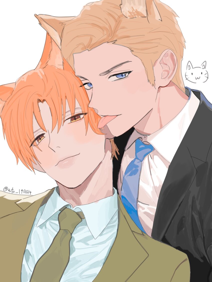 2boys animal_ear_fluff animal_ears artist_name axis_powers_hetalia black_jacket blonde_hair blue_eyes blue_necktie cat_ears closed_mouth collared_shirt commentary_request formal_clothes germany_(hetalia) green_jacket green_necktie hair_between_eyes highres jacket kemonomimi_mode lapels lips looking_at_viewer male_focus multiple_boys necktie northern_italy_(hetalia) open_clothes open_jacket orange_hair shirt short_hair simple_background smile suit suit_jacket tongue tongue_out upper_body white_background white_shirt wto_1955514 yaoi yellow_eyes