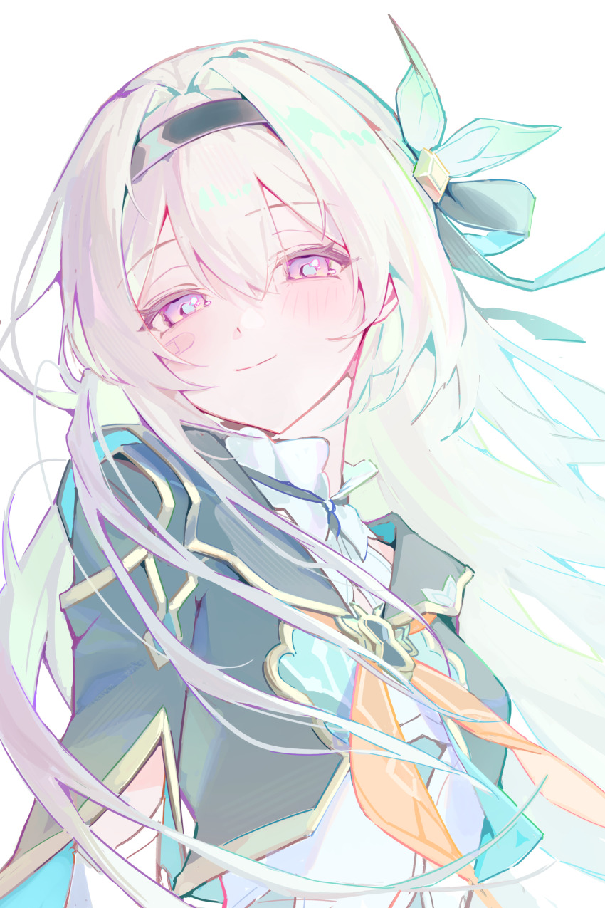 1girl absurdres bandaid bandaid_on_face black_hairband blush breasts collared_shirt commentary cropped_jacket firefly_(honkai:_star_rail) floating_hair green_jacket hair_between_eyes hair_intakes hair_ornament hairband highres honkai:_star_rail honkai_(series) jacket long_hair looking_at_viewer myao_(myaodayone) shirt short-sleeved_jacket short_sleeves simple_background small_breasts smile solo white_background white_shirt