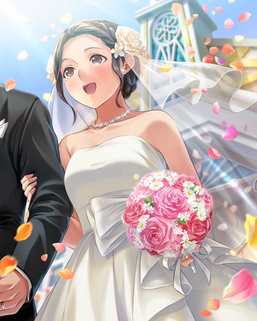 1boy 1girl anegasaki_nene arm_hug bare_shoulders black_suit blue_sky blush bouquet braid braided_bangs breasts bridal_veil bride brown_eyes brown_hair church collarbone cowboy_shot crying crying_with_eyes_open day dress dutch_angle falling_petals flower forehead formal_clothes from_below grabbing_another&#039;s_arm groom hair_flower hair_ornament happy_tears highres holding holding_bouquet husband_and_wife jewelry lens_flare light_rays love_plus mole mole_under_eye necklace official_alternate_hairstyle official_art open_mouth orange_petals outdoors petals pink_flower pink_petals pink_rose ring rose sidelocks sky smile solo_focus suit sunbeam sunlight tears tuxedo veil wedding wedding_dress wedding_ring white_flower white_rose yellow_petals