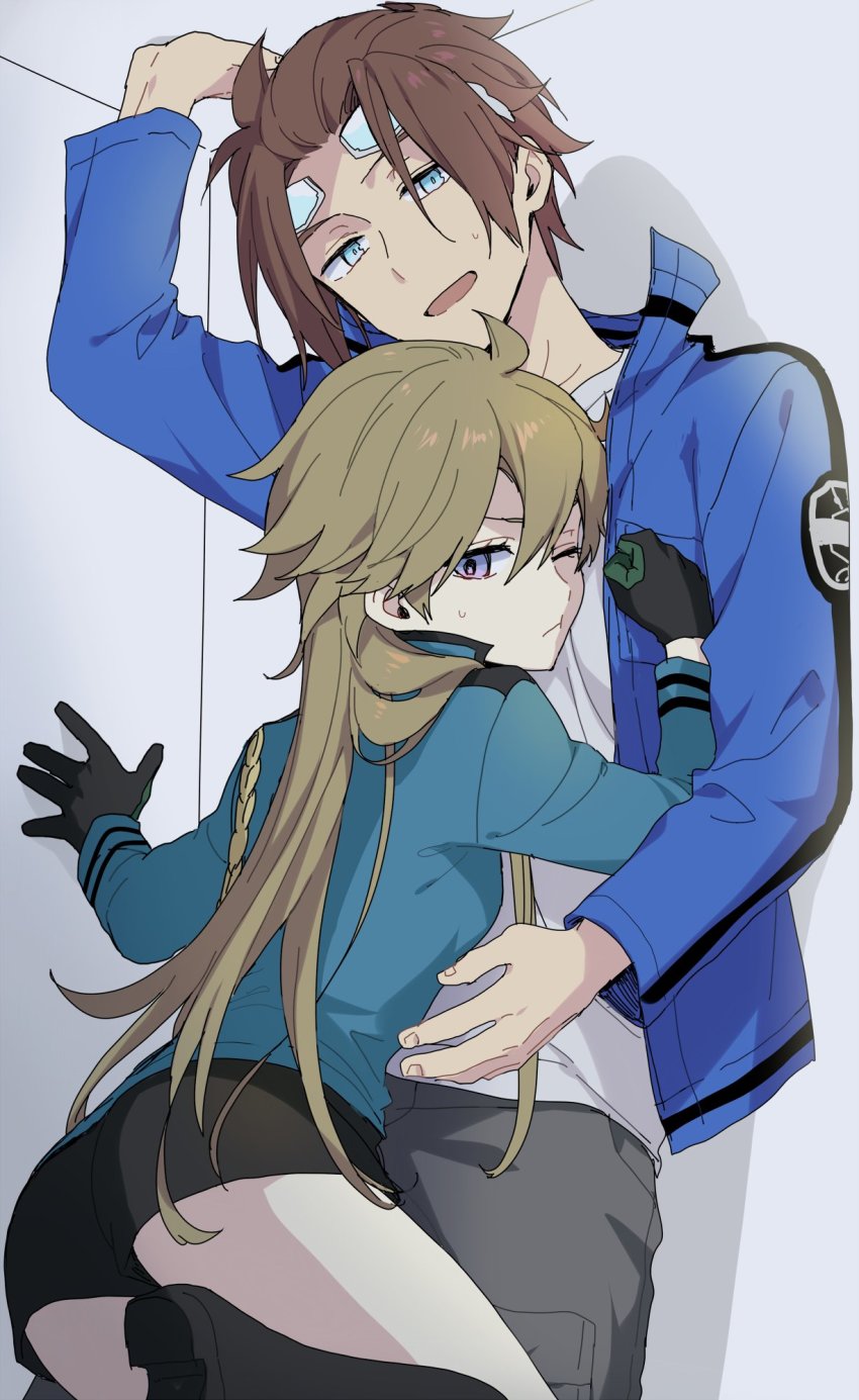 1boy 1girl 7100potechi arm_up ass black_footwear black_gloves black_shorts blue_eyes blue_jacket boots breasts brown_hair corner genderswap genderswap_(mtf) gloves goggles goggles_on_head grey_pants hair_between_eyes hair_over_one_eye hair_slicked_back hands_up highres hyuse jacket jin_yuuichi leaning_on_person light_brown_hair long_hair long_sleeves looking_at_viewer looking_back one_eye_closed open_mouth outstretched_arm pants purple_eyes shirt short_hair shorts sweat uniform white_shirt world_trigger