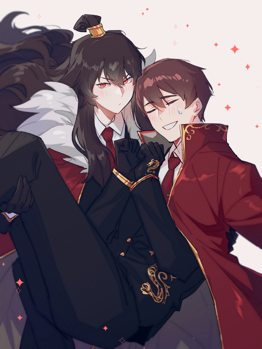 1boy 1girl black_jacket black_pants brown_hair carrying carrying_person closed_eyes closed_mouth coat coat_on_shoulders collared_shirt dragon_print gold_trim highres jacket jyanjyan library_of_ruina long_hair lowell_(project_moon) necktie pants princess_carry project_moon red_coat red_eyes red_hair red_necktie reverse_princess_carry shirt sidelocks sweat very_long_hair white_shirt xiao_(project_moon)