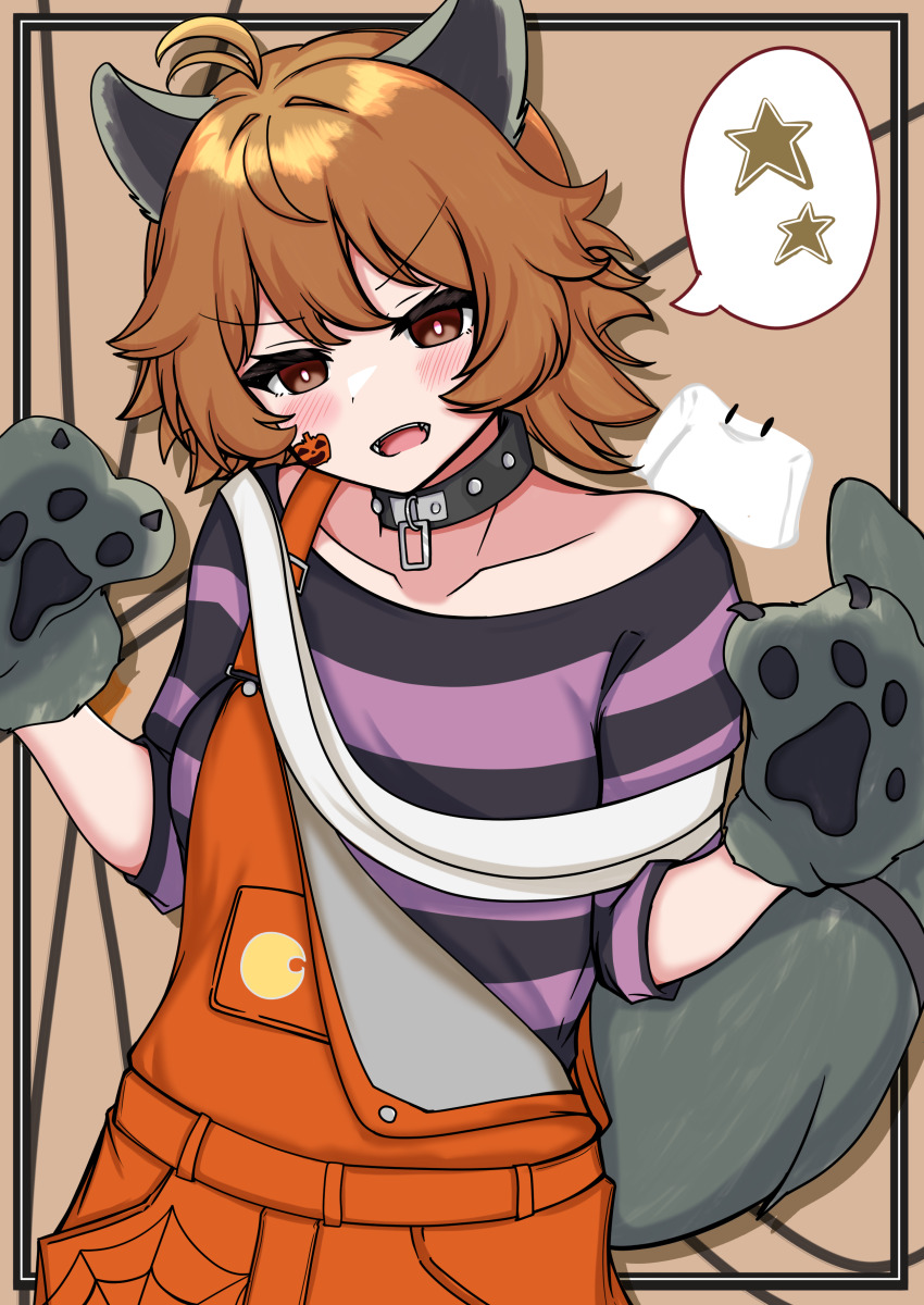 1girl absurdres ahoge animal_collar animal_ears animal_hands brown_eyes collar gloves halloween_costume highres kantai_collection messy_hair oboro_(halloween)_(kancolle) oboro_(kancolle) official_alternate_costume open_mouth orange_overalls overalls paw_gloves print_overalls purple_shirt shirt short_hair solo spoken_star star_(symbol) sticker_on_face striped_clothes striped_shirt tail tokiwa_senkei upper_body wolf_ears wolf_tail