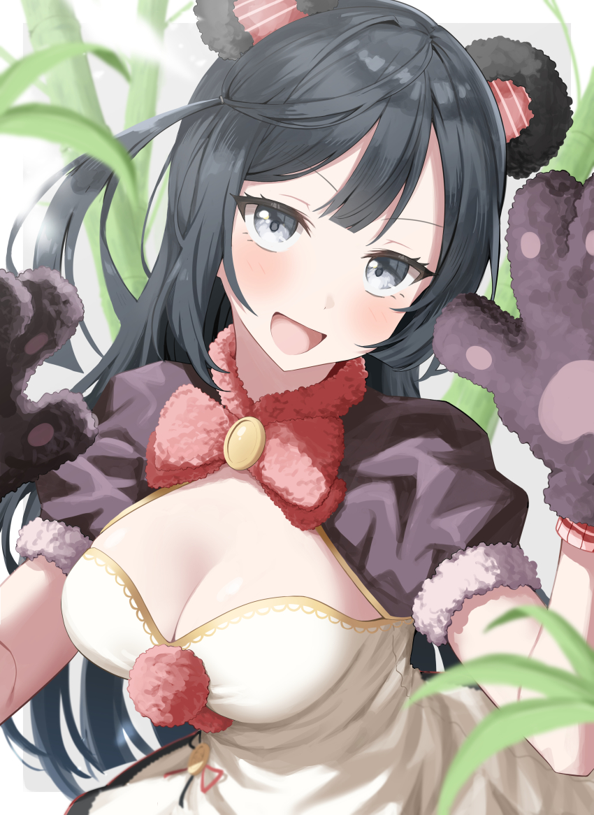 1girl :d absurdres animal_ears bamboo black_hair blurry blurry_foreground blush breasts cleavage commentary_request dress exciting_animal_(love_live!) fake_animal_ears grey_eyes head_tilt highres long_hair looking_at_viewer love_live! love_live!_nijigasaki_high_school_idol_club love_live!_school_idol_festival_all_stars medium_breasts mittens one_side_up open_mouth panda_ears purple_mittens short_sleeves smile solo white_dress yuki_setsuna yuu_(shampoohatslime)