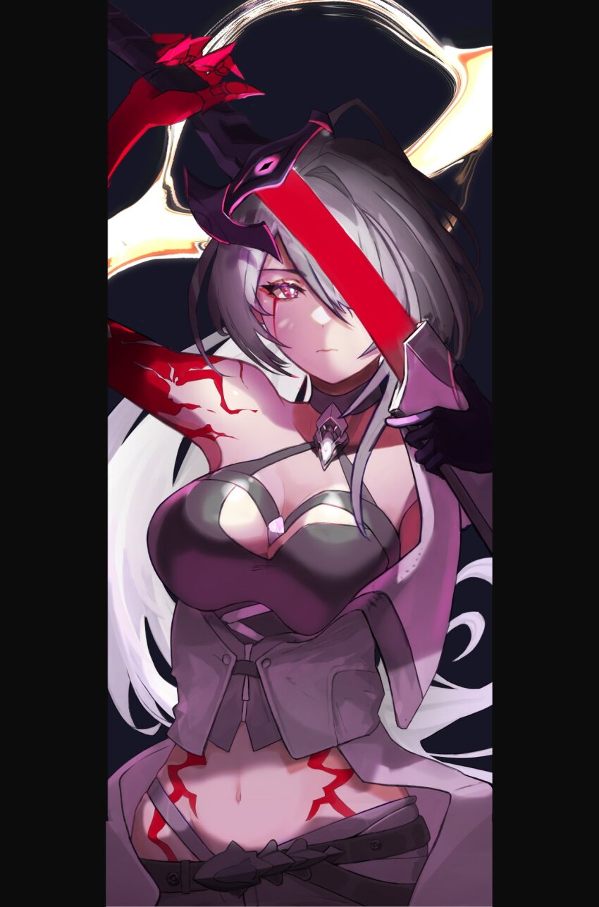 1girl acheron_(honkai:_star_rail) ahoge belt black_belt black_choker black_gloves black_hole black_shorts blood bloody_tears body_markings breasts bright_pupils choker cleavage closed_mouth coat coattails colored_extremities commentary_request criss-cross_halter eyeliner gloves glowing glowing_sword glowing_weapon hair_intakes hair_over_one_eye halterneck highres holding holding_sword holding_weapon honkai:_star_rail honkai_(series) kanana_no_e large_breasts looking_at_viewer makeup midriff multicolored_hair navel official_alternate_color pillarboxed red_background red_eyeliner red_eyes scabbard sheath shorts single_bare_shoulder single_glove solo streaked_hair sword unsheathing weapon white_coat white_hair white_pupils