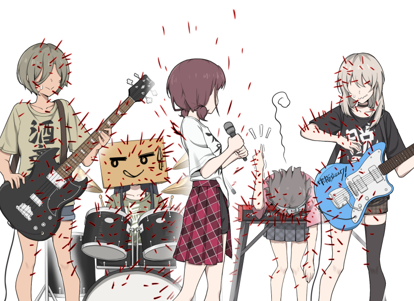 5girls anglediana awa_subaru bass_guitar black_choker black_shorts black_thighhighs blue_shorts box box_on_head brown_hair brown_shirt brown_shorts cardboard_box choker closed_mouth commentary_request drum drum_set ebizuka_tomo electric_guitar fender_jazzmaster gibson_sg_(bass) girls_band_cry grey_hair grey_skirt guitar hair_between_eyes half-skirt highres holding holding_microphone instrument iseri_nina kawaragi_momoka keyboard_(instrument) long_hair long_hair_between_eyes low_twintails microphone multicolored_hair multiple_girls pinky_out plaid_clothes plaid_shorts plaid_skirt red_skirt roots_(hair) rupa_(girls_band_cry) shikai_no_sumi_kuchiru_oto shirt short_hair short_sleeves short_twintails shorts shorts_under_skirt simple_background single_thighhigh skirt sweatdrop thighhighs thorns togenashi_togeari translation_request trembling twintails wavy_mouth white_background white_shirt