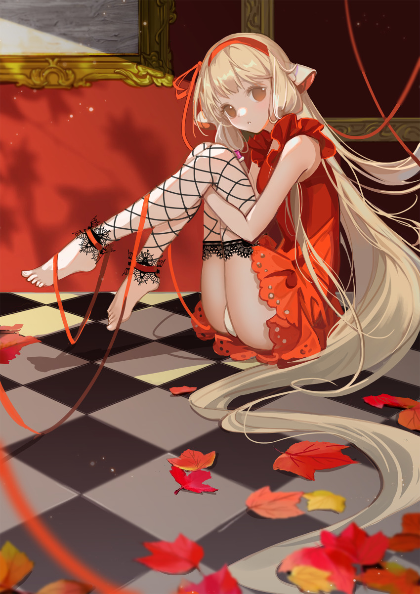 1girl absurdly_long_hair android barefoot blonde_hair brown_eyes checkered_floor chii chobits dress empty_picture_frame fishnets hair_spread_out hair_tubes haitu headband highres lace lace-trimmed_thighhighs lace_trim leaf long_hair looking_at_viewer maple_leaf on_floor panties pantyshot picture_frame red_dress robot_ears sitting solo string thighhighs underwear very_long_hair white_panties