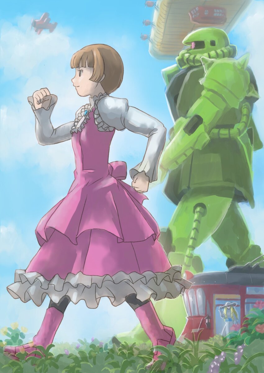 2girls boots borjarnon brown_hair commentary_request dianna_soreil dress frilled_dress frills gundam highres k_katora mecha multiple_girls on_grass pink_boots pink_dress robot short_hair sochie_heim turn_a_gundam walking