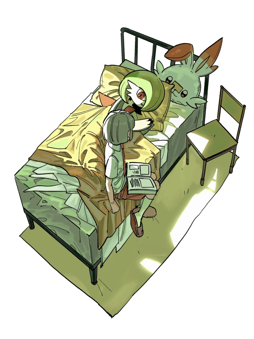 2girls bed book brown_footwear chair collared_shirt colored_skin commentary_request gardevoir gen_3_pokemon gen_8_pokemon green_hair grey_hair highres korean_commentary lying multiple_girls necktie nintendo no_feet on_side orange_necktie orange_shorts pillow pokemon red_eyes scorbunny shirt short_hair short_sleeves shorts sitting slippers smile socks themed_object under_covers vpfjfevol white_shirt white_skin white_socks