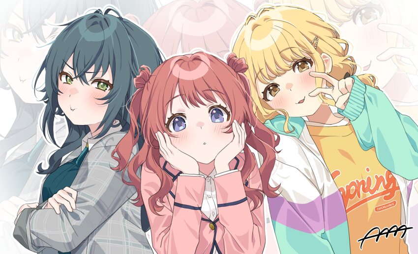 3girls 4_ge absurdres bent_v blonde_hair blush breasts brown_hair closed_mouth clothes_writing coat commentary_request contrast_collar crossed_arms dress_shirt from_side fujita_kotone gakuen_idolmaster green_eyes green_hair green_jacket green_shirt grey_coat hair_between_eyes hair_ornament hair_rings hairclip hanami_saki hand_up hands_on_own_cheeks hands_on_own_face hands_up hatsuboshi_gakuen_school_uniform head_rest highres hood hood_down hooded_jacket idolmaster jacket lapels long_hair long_sleeves looking_at_viewer medium_breasts medium_hair multicolored_jacket multiple_girls notched_lapels open_clothes open_jacket open_mouth pink_jacket plaid_clothes plaid_coat pout purple_eyes purple_jacket school_uniform shirt signature sleeves_rolled_up swept_bangs t-shirt tsukimura_temari two_side_up upper_body v wavy_hair white_jacket white_shirt yellow_eyes yellow_shirt zoom_layer