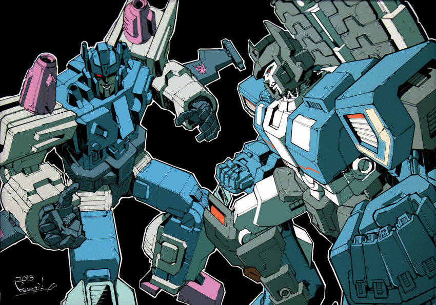 10s 2013 2boys autobot battle decepticon duel emblem fortress_maximus kotteri mecha multiple_boys no_humans overlord_(transformers) robot science_fiction signature transformers