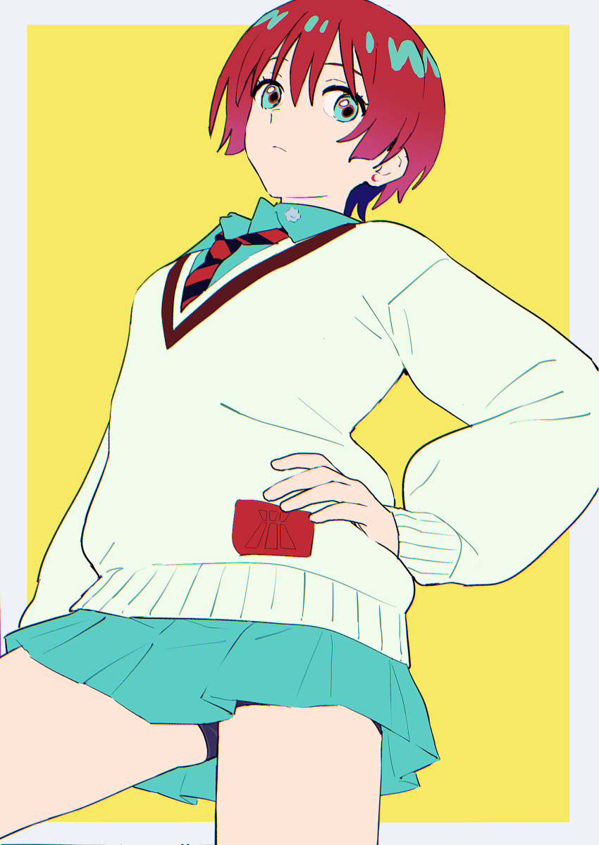 1girl amate_yuzuriha aqua_eyes aqua_shirt aqua_skirt bike_shorts_under_skirt border collared_shirt cowboy_shot from_below grey_border gundam gundam_gquuuuuux hand_on_own_hip highres light_frown mikazuchi_zeus necktie pleated_skirt red_hair school_uniform shirt short_hair skirt solo striped_necktie sweater upskirt white_sweater yellow_background