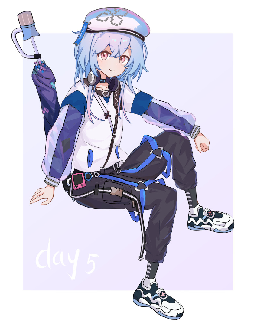 1boy absurdres arknights beret black_pants blue_hair border closed_mouth collarbone commentary dot_nose english_commentary full_body grey_hat hat headphones headphones_around_neck highres ice_orange_lovegg invisible_chair jacket light_blush long_sleeves male_focus medium_hair mixed-language_commentary mizuki_(a_player_forever)_(arknights) mizuki_(arknights) monitor multicolored_hair outside_border pants pink_background pink_hair see-through_clothes see-through_sleeves sitting smile solo streaked_hair umbrella white_border white_jacket