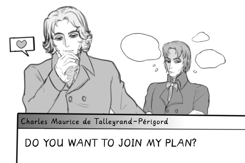 2boys dialogue_box english_text formal_clothes grey_suit greyscale hand_on_own_chin lapels looking_down monochrome multiple_boys napoleonic_wars simple_background speech_bubble suit thought_bubble upper_body white_background white_hair
