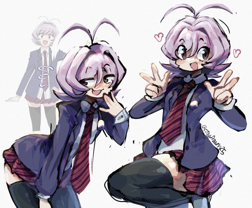1other ahoge androgynous antenna_hair antennae artist_name blouse blush breasts brown_eyes curvy enby_colors enby_flag eyes_visible_through_hair fang female_focus heart itan_private_high_school_uniform komi-san_wa_komyushou_desu long_sleeves necktie no_nose non-binary_flag nose_blush osana_najimi_(komi-san_wa_komyushou_desu) oversized_clothes peace_symbol pulling_own_clothes purple_hair raised_eyebrows reference_photo school_uniform shirt short_hair signature skirt small_breasts smug thick_thighs thighhighs thighs tomboy transgender white_background white_shirt