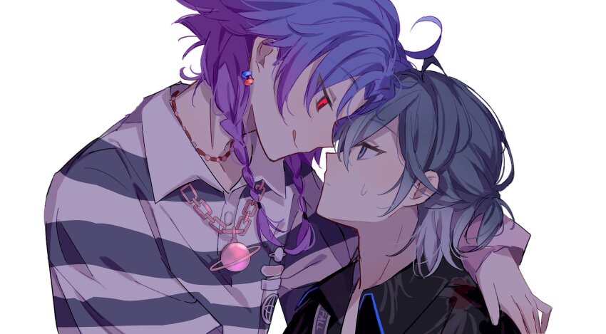18trip 2boys ahoge arm_around_shoulder black_shirt braid chain chain_necklace collared_shirt commentary ear_piercing earrings grey_eyes grey_hair hachinoya_nagi hair_behind_ear hair_between_eyes highres jewelry licking_lips looking_at_another male_focus multiple_boys necklace otorrio piercing planet_necklace profile purple_hair red_eyes shirt short_braid simple_background striped_clothes striped_shirt sweat sweatdrop tongue tongue_out twin_braids upper_body white_background yowa_netaro