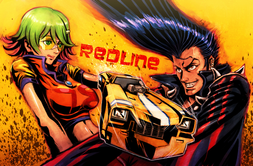 1boy 1girl :q black_hair boyaking breasts brown_eyes car earrings green-tinted_eyewear green_eyes green_hair grin hair_ornament hairclip jewelry jp_(redline) large_breasts midriff motor_vehicle pompadour redline short_hair smile sonoshee_mclaren sunglasses tinted_eyewear tongue tongue_out trans_am_20000_wr_(redline) visor