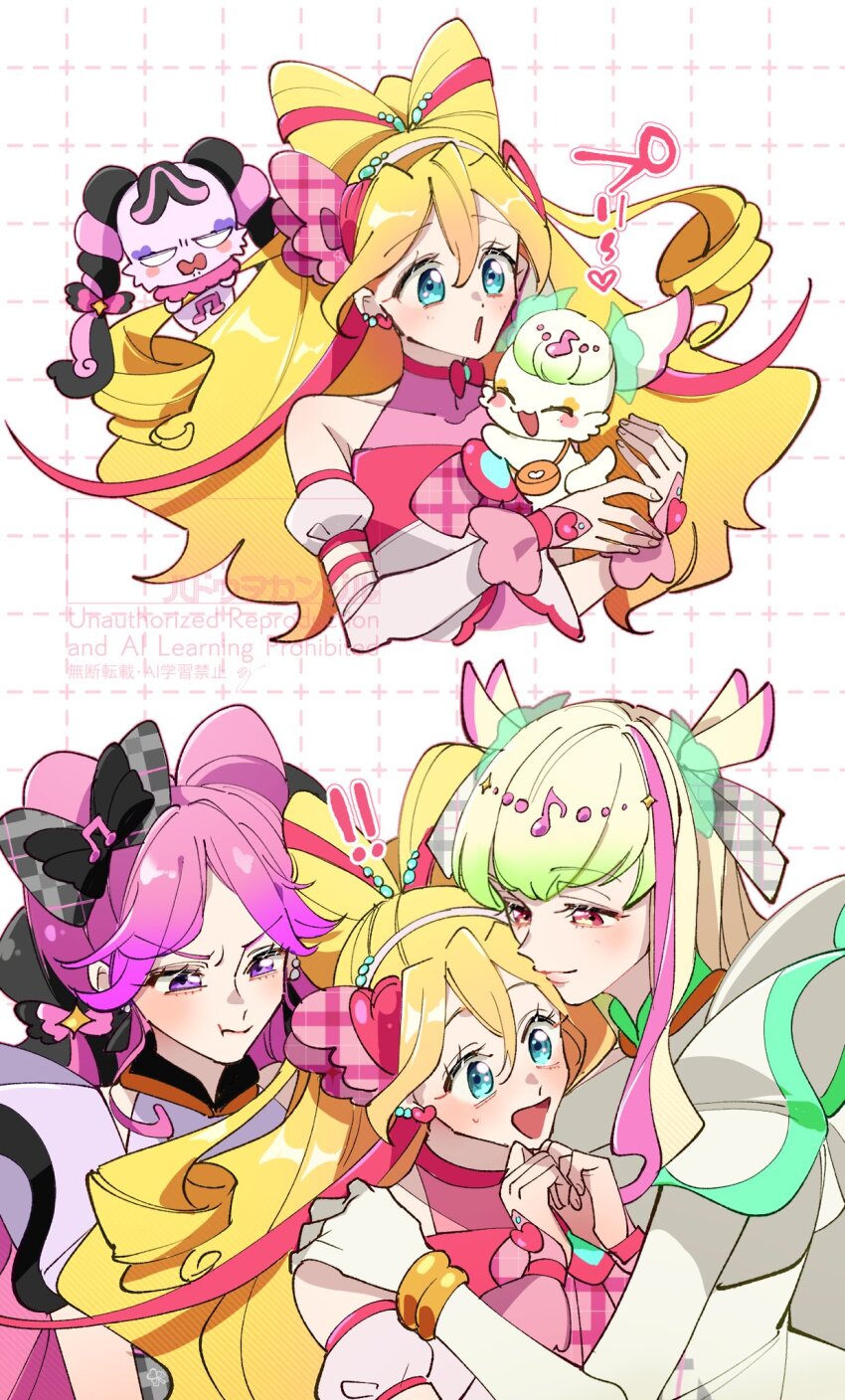 3girls angry bare_shoulders black_gloves black_hair blonde_hair blue_eyes blunt_bangs blush bracelet braid choker cure_idol cure_kiss cure_zukyuun curled_horns curled_up curly_hair dress earrings elbow_gloves facing_to_the_side feelthehadou fortissimo frilled_dress frilled_sleeves frills from_side gloves green_hair grid_background hair_extensions hair_ornament hair_ribbon hair_wings headband heart heart_earrings highres holding holding_stuffed_toy horns hug hug_from_side jealous jewelry kimi_to_idol_precure long_hair looking_down looking_up meroron_(precure) multiple_earrings multiple_girls musical_note musical_note_hair_ornament open_mouth parted_bangs pink_hair precure purirun_(precure) purple_eyes red_eyes ribbon ribbon-trimmed_headwear ribbon_choker ribbon_hair ribbon_trim sakura_uta_(precure) sideways sideways_glance stuffed_toy surprised twin_braids twintails very_long_hair watermark white_gloves wing_hair_ornament wrist_cuffs