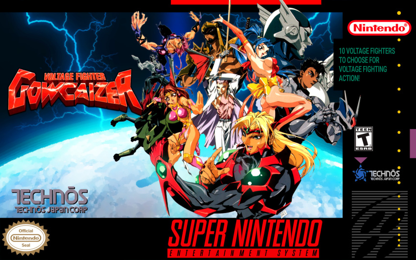 alternate_universe box_art brider captain_atlantis choujin_gakuen_gowcaizer fudomaru game_console gowcaizer hellstinger hishizaki_shaia_(gowcaizer) kaiza_gouichiro marion_(gowcaizer) oobari_masami shigure_kyosuke son_karin super_nintendo technos third-party_edit